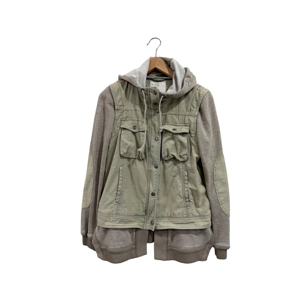 Free People 1970 Mixed Media Utility Jacket Green Hooded Elbow Patches Small
